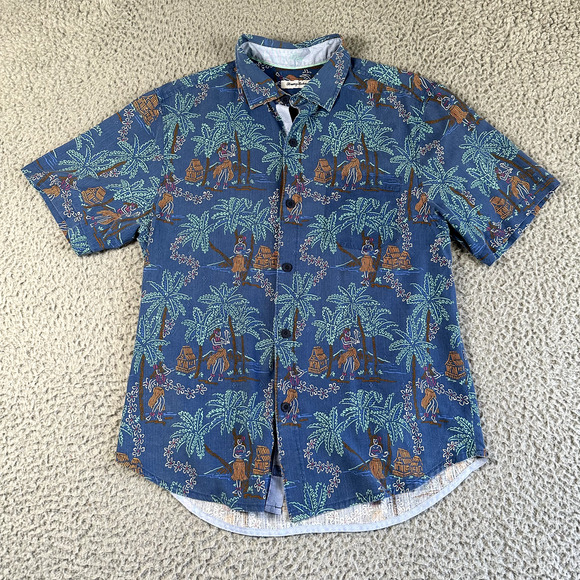 Tommy Bahama Silk Camp Shirt Men's Medium Hula Girl Palm Trees Print Button‎ Up - Picture 1 of 9